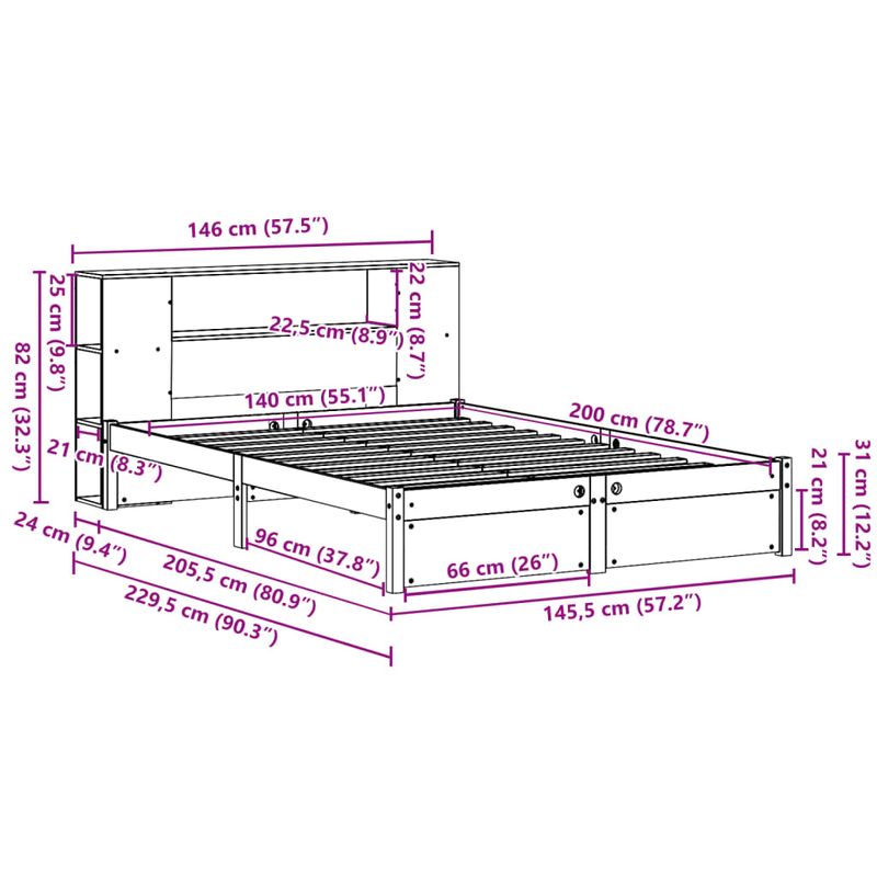 Casa si Gradina - Mobilier - Paturi si accesorii - Paturi - Pat cu biblioteca fara saltea, 140x200 cm, lemn masiv de pin - Infinity.ro