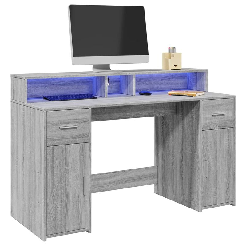 Casa si Gradina - Mobilier - Mese si birouri - Birouri - Birou cu lumini LED, gri sonoma, 140x55x91 cm, lemn prelucrat - Infinity.ro
