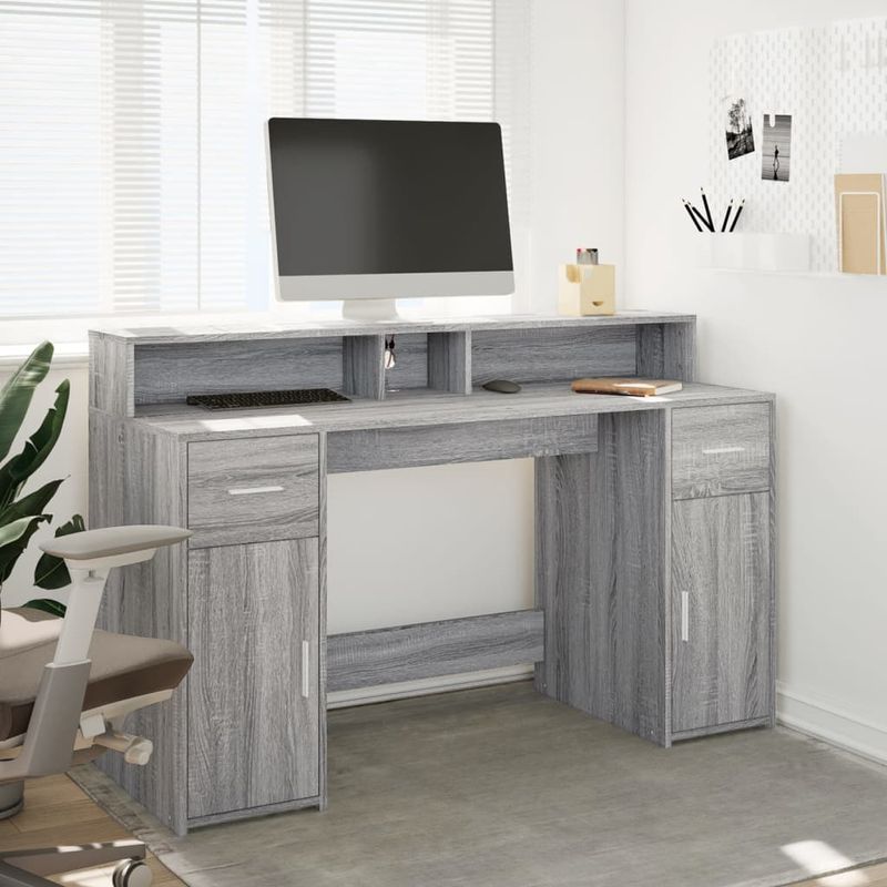 Casa si Gradina - Mobilier - Mese si birouri - Birouri - Birou cu lumini LED, gri sonoma, 140x55x91 cm, lemn prelucrat - Infinity.ro