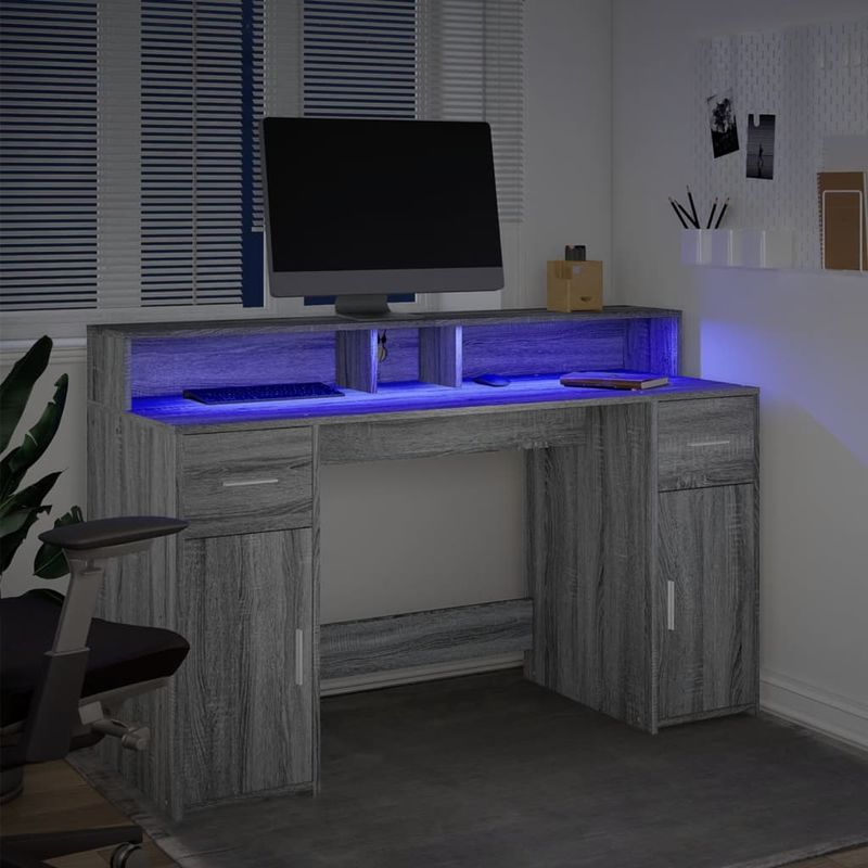 Casa si Gradina - Mobilier - Mese si birouri - Birouri - Birou cu lumini LED, gri sonoma, 140x55x91 cm, lemn prelucrat - Infinity.ro