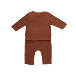 Fashion, accesorii si bijuterii - Copii - Imbracaminte copii - Body-uri copii - Set bluzita petrecuta si pantaloni lungi din muselina, BabyCosy, 100% bumbac organic, Caramiziu (Marime: 9-12 luni) - Infinity.ro