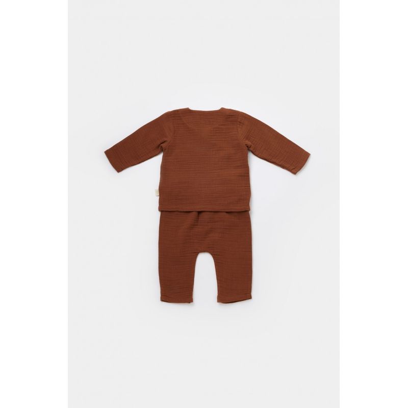 Fashion, accesorii si bijuterii - Copii - Imbracaminte copii - Body-uri copii - Set bluzita petrecuta si pantaloni lungi din muselina, BabyCosy, 100% bumbac organic, Caramiziu (Marime: 9-12 luni) - Infinity.ro