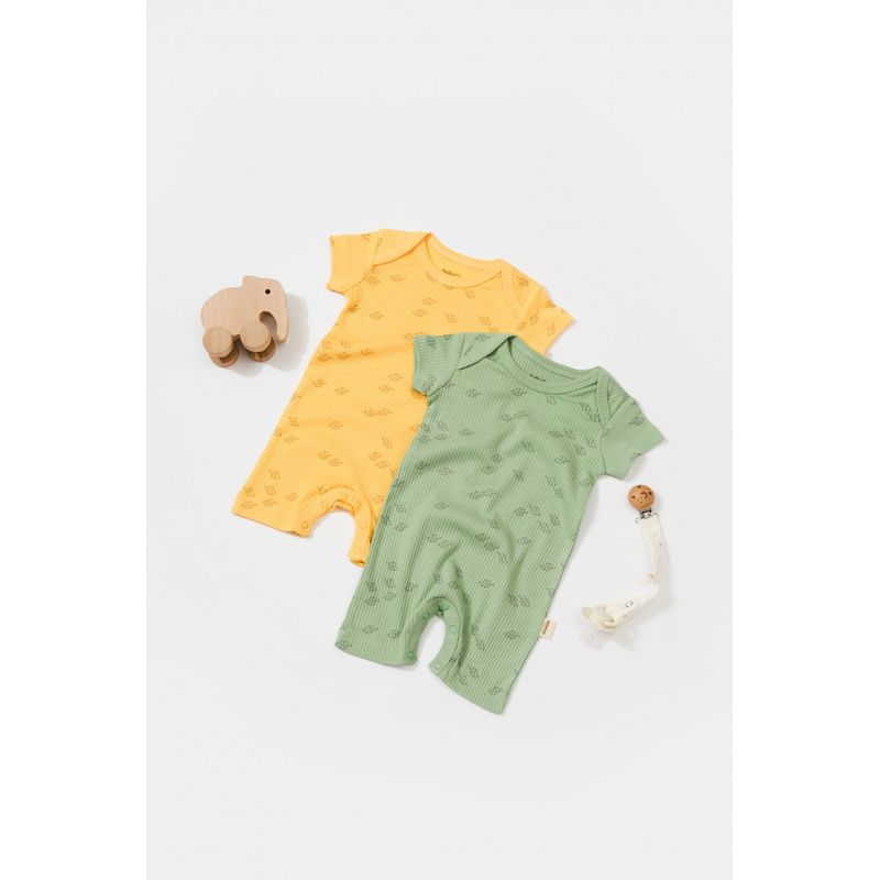Fashion, accesorii si bijuterii - Copii - Imbracaminte copii - Body-uri copii - Set 2 salopete scurte Printed, BabyCosy, 50% modal+50% bumbac, Lamaie/Verde (Marime: 18-24 Luni) - Infinity.ro