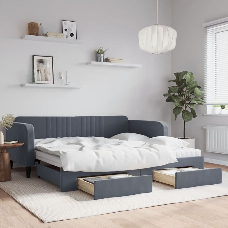 Casa si Gradina - Mobilier - Paturi si accesorii - Paturi - Pat de zi cu extensie si sertare gri inchis 100x200cm catifea - Infinity.ro
