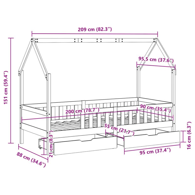 Casa si Gradina - Mobilier - Paturi si accesorii - Paturi - Cadru de pat cu sertare de copii, 90x200 cm, lemn masiv pin - Infinity.ro