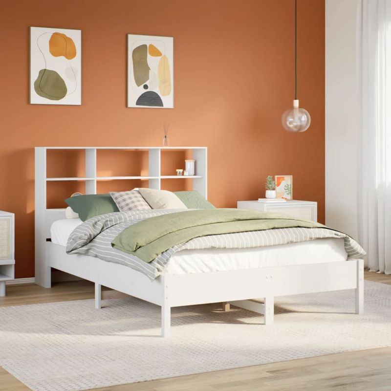 Casa si Gradina - Mobilier - Paturi si accesorii - Paturi - Pat cu biblioteca fara saltea, alb, 140x200 cm, lemn masiv pin - Infinity.ro