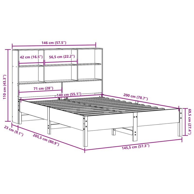 Casa si Gradina - Mobilier - Paturi si accesorii - Paturi - Pat cu biblioteca fara saltea, alb, 140x200 cm, lemn masiv pin - Infinity.ro