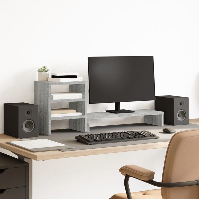 PC, gaming si accesorii - Desktop PC & monitoare - Accesorii monitoare - Suport monitor cu organizator birou, gri sonoma lemn, prelucrat - Infinity.ro