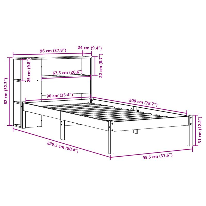 Casa si Gradina - Mobilier - Paturi si accesorii - Paturi - Pat cu biblioteca fara saltea, 90x200 cm, lemn masiv pin - Infinity.ro