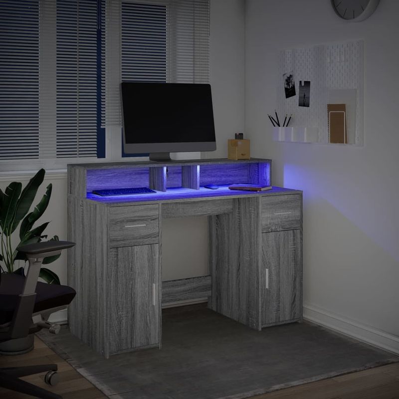 Casa si Gradina - Mobilier - Mese si birouri - Birouri - Birou cu lumini LED, gri sonoma, 120x55x91 cm, lemn prelucrat - Infinity.ro