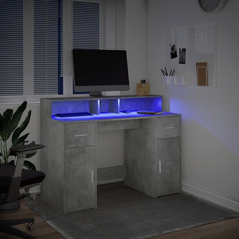 Casa si Gradina - Mobilier - Mese si birouri - Birouri - Birou cu lumini LED, gri beton, 120x55x91 cm, lemn prelucrat - Infinity.ro