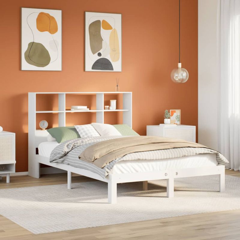 Casa si Gradina - Mobilier - Paturi si accesorii - Paturi - Pat cu biblioteca fara saltea, alb, 140x190 cm, lemn masiv pin - Infinity.ro