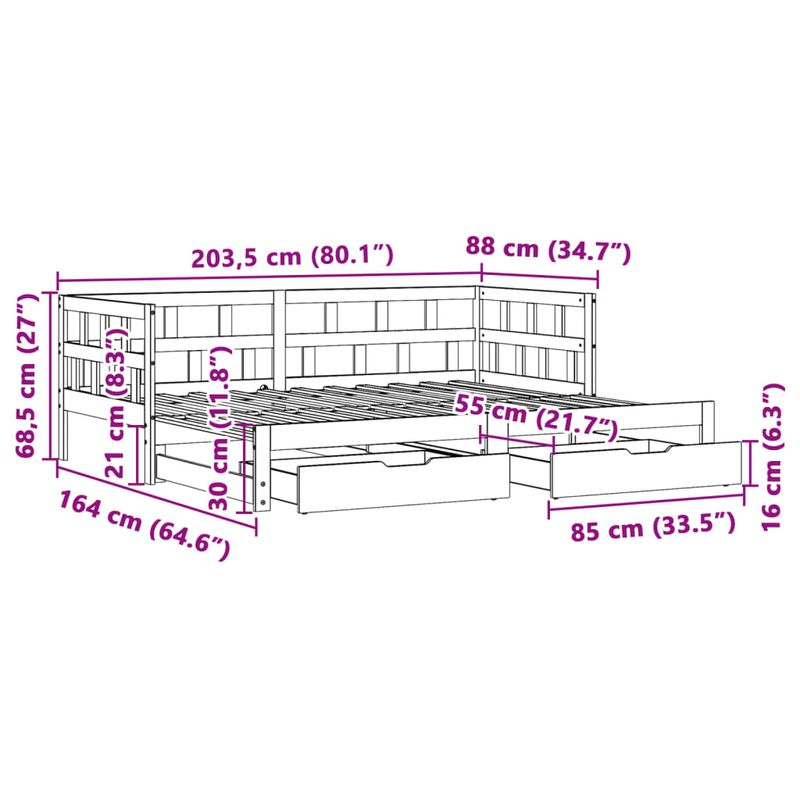 Casa si Gradina - Mobilier - Paturi si accesorii - Paturi - Pat de zi cu extensie/sertare, alb, 80x200 cm, lemn masiv pin - Infinity.ro