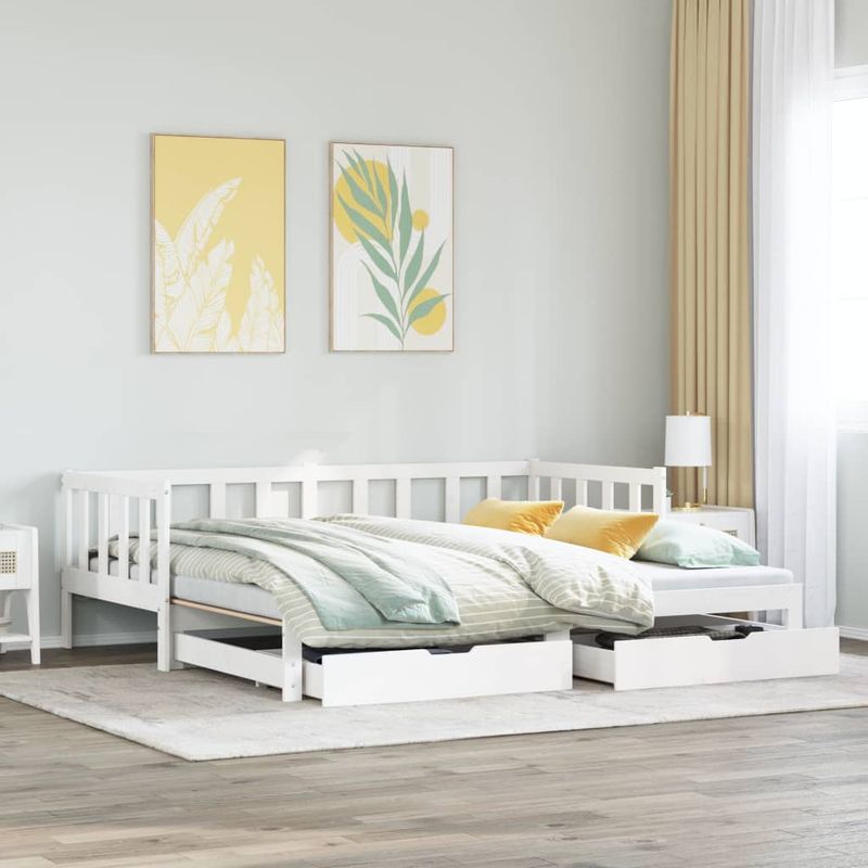 Casa si Gradina - Mobilier - Paturi si accesorii - Paturi - Pat de zi cu extensie si sertare alb 90x190 cm lemn masiv pin - Infinity.ro