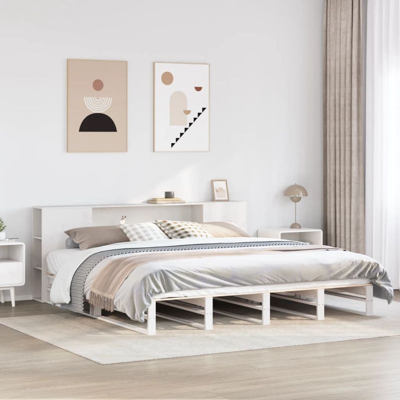 Casa si Gradina - Mobilier - Paturi si accesorii - Paturi - Pat cu biblioteca fara saltea, alb, 200x200 cm, lemn masiv - Infinity.ro