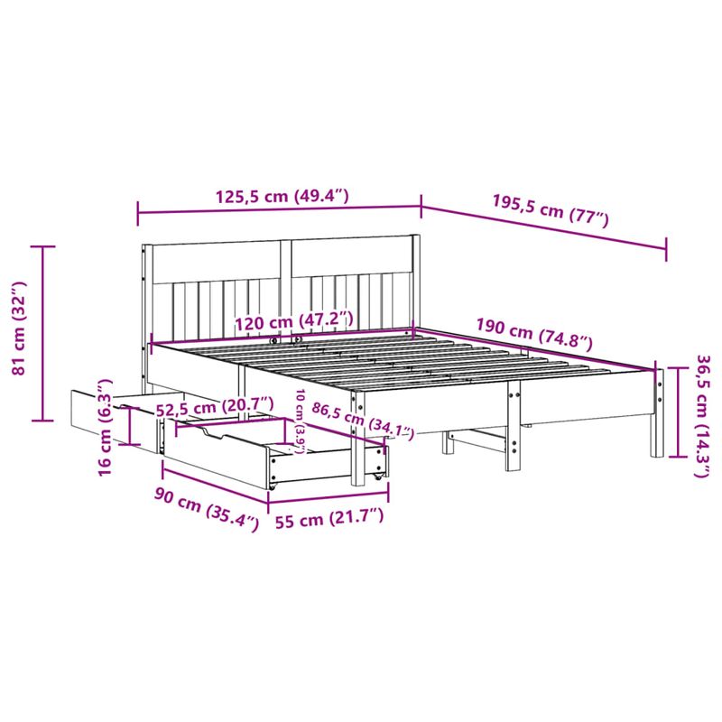 Casa si Gradina - Mobilier - Paturi si accesorii - Paturi - Cadru pat fara saltea, maro ceruit, 120x190 cm, lemn masiv pin - Infinity.ro