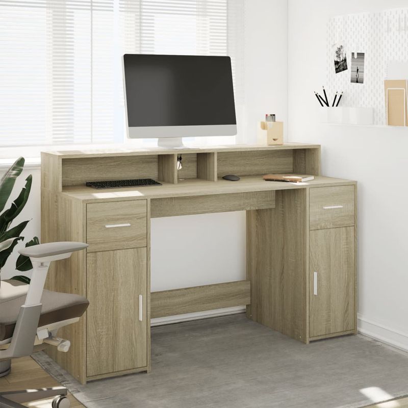 Casa si Gradina - Mobilier - Mese si birouri - Birouri - Birou cu lumini LED stejar sonoma, 140x55x91 cm, lemn prelucrat - Infinity.ro