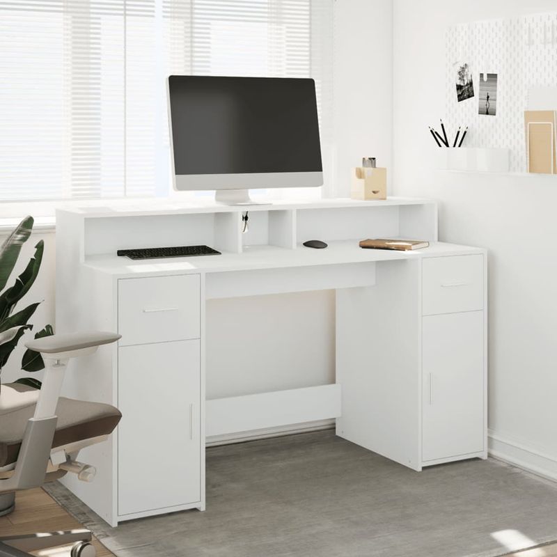 Casa si Gradina - Mobilier - Mese si birouri - Birouri - Birou cu lumini LED, alb, 140x55x91 cm, lemn prelucrat - Infinity.ro