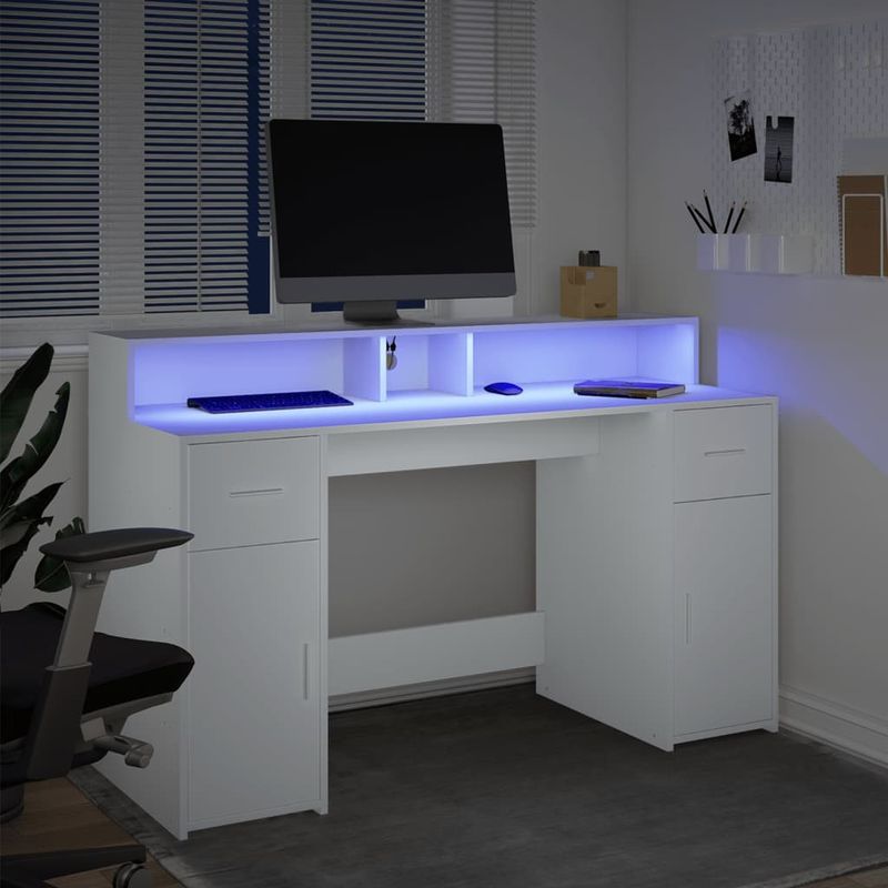 Casa si Gradina - Mobilier - Mese si birouri - Birouri - Birou cu lumini LED, alb, 140x55x91 cm, lemn prelucrat - Infinity.ro