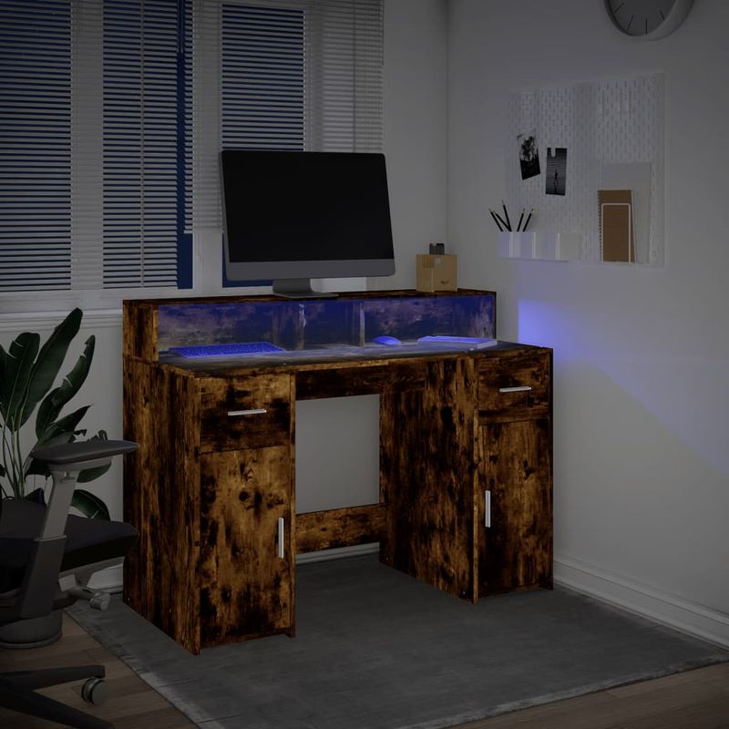Casa si Gradina - Mobilier - Mese si birouri - Birouri - Birou cu lumini LED stejar fumuriu 120x55x91 cm lemn prelucrat - Infinity.ro