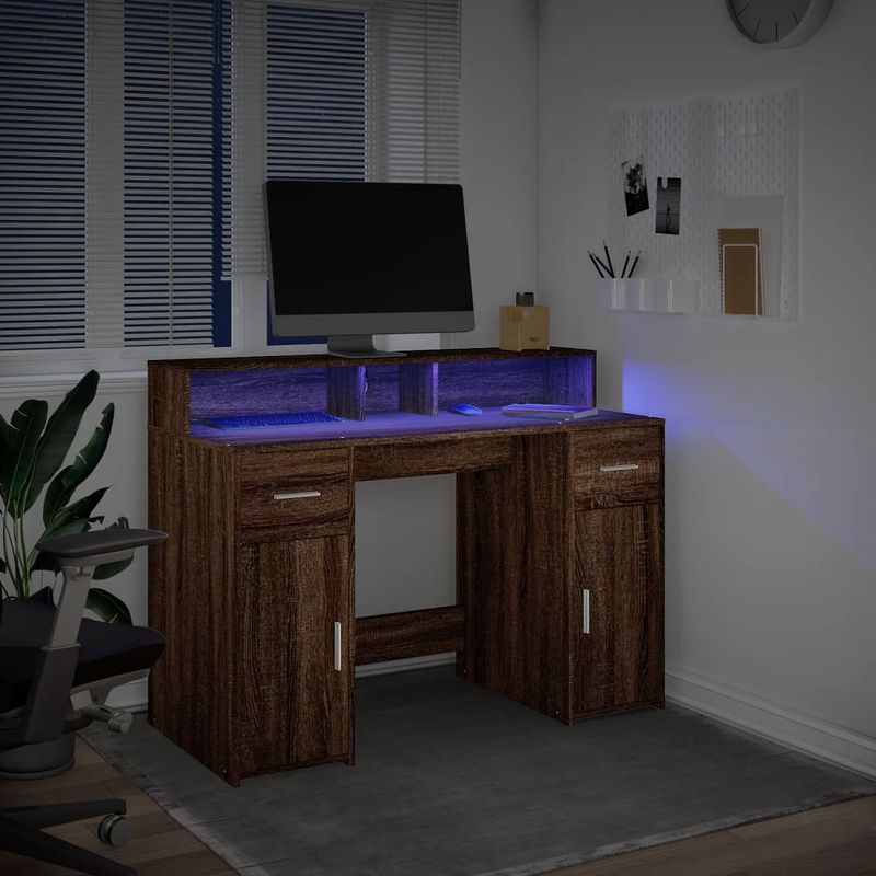 Casa si Gradina - Mobilier - Mese si birouri - Birouri - Birou cu lumini LED, stejar maro, 120x55x91 cm, lemn prelucrat - Infinity.ro