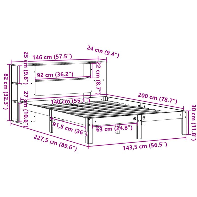 Casa si Gradina - Mobilier - Paturi si accesorii - Paturi - Pat cu biblioteca fara saltea, alb, 140x200 cm, lemn masiv pin - Infinity.ro