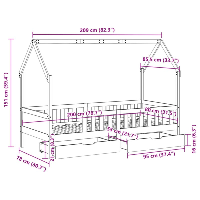 Casa si Gradina - Mobilier - Paturi si accesorii - Paturi - Cadru pat copii cu sertare, 80x200 cm, lemn masiv de pin - Infinity.ro