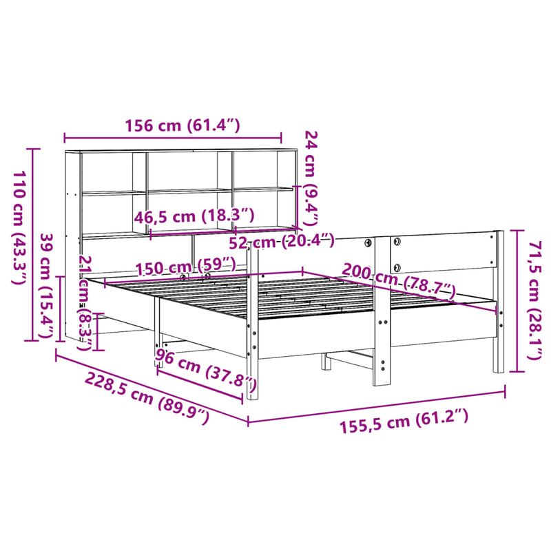 Casa si Gradina - Mobilier - Paturi si accesorii - Paturi - Pat cu biblioteca fara saltea maro 150x200 cm lemn masiv de pin - Infinity.ro