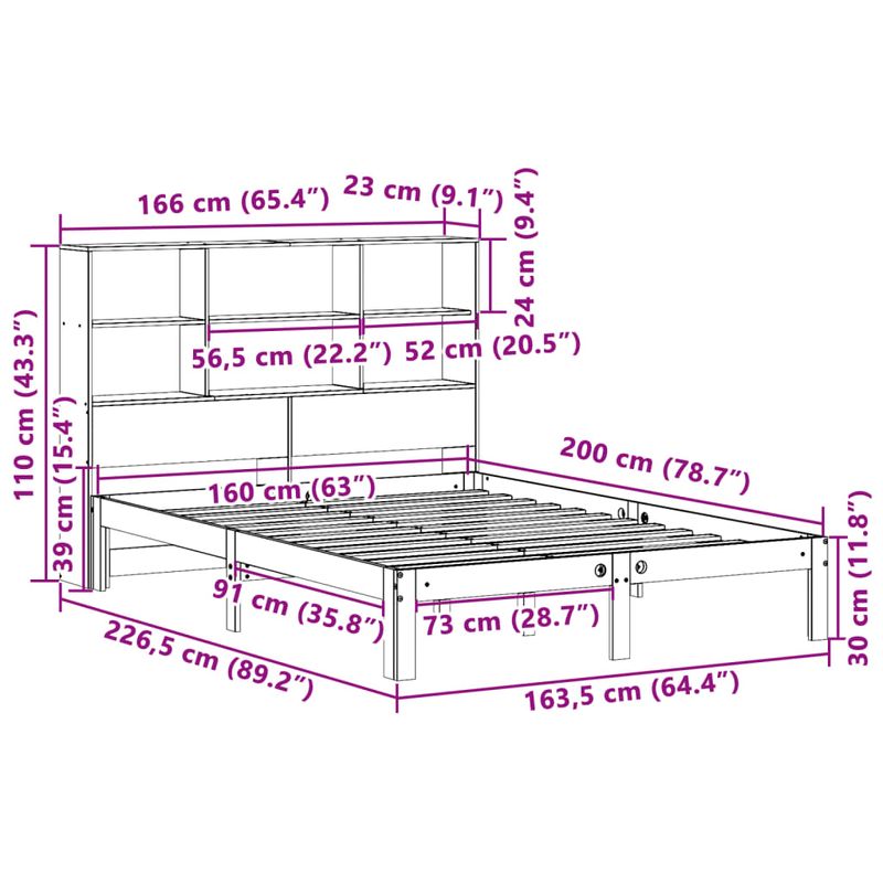 Casa si Gradina - Mobilier - Paturi si accesorii - Paturi - Pat cu biblioteca fara saltea, alb, 160x200 cm, lemn masiv pin - Infinity.ro