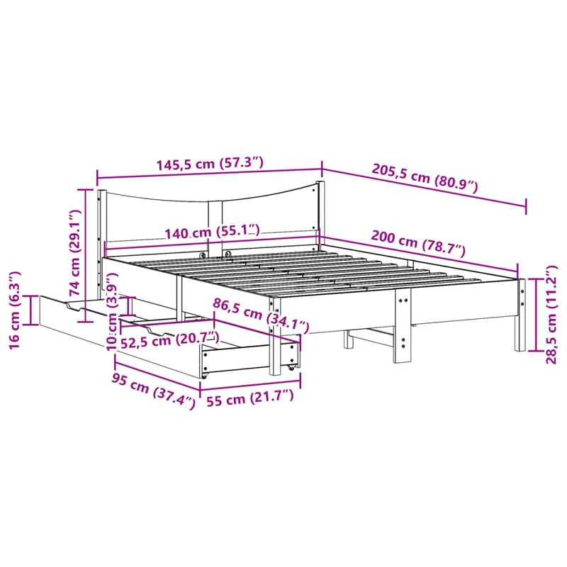 Casa si Gradina - Mobilier - Paturi si accesorii - Paturi - Cadru pat cu sertare maro ceruit, 140x200 cm, lemn masiv de pin - Infinity.ro