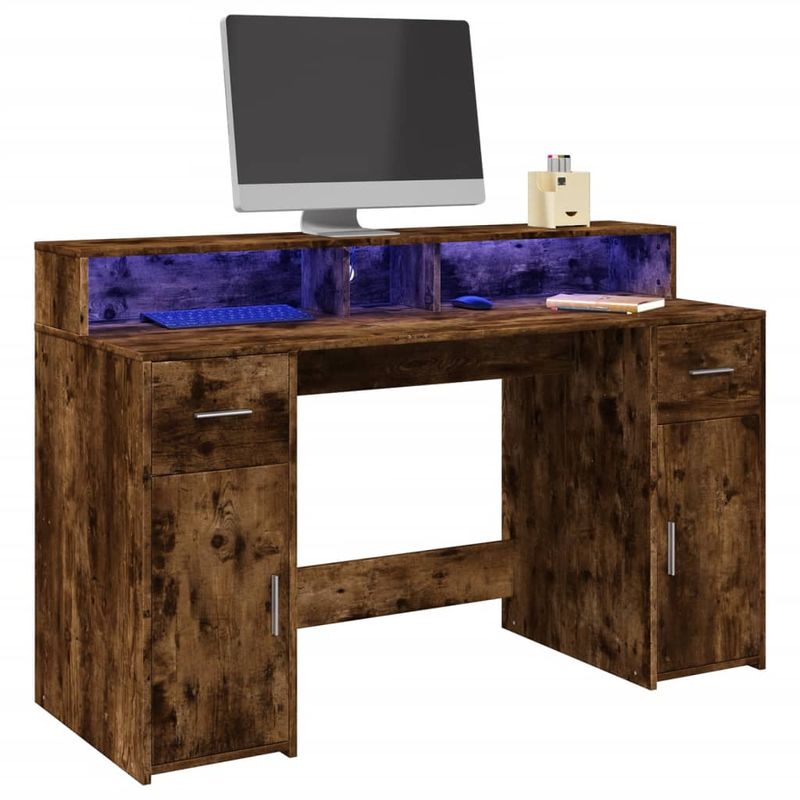 Casa si Gradina - Mobilier - Mese si birouri - Birouri - Birou cu lumini LED stejar fumuriu 140x55x91 cm lemn prelucrat - Infinity.ro