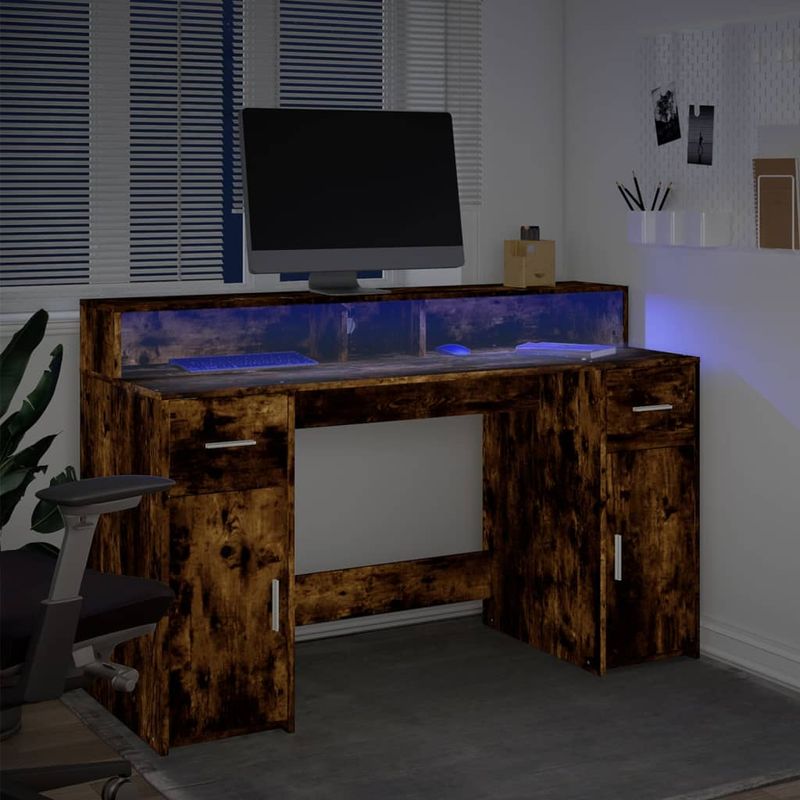 Casa si Gradina - Mobilier - Mese si birouri - Birouri - Birou cu lumini LED stejar fumuriu 140x55x91 cm lemn prelucrat - Infinity.ro