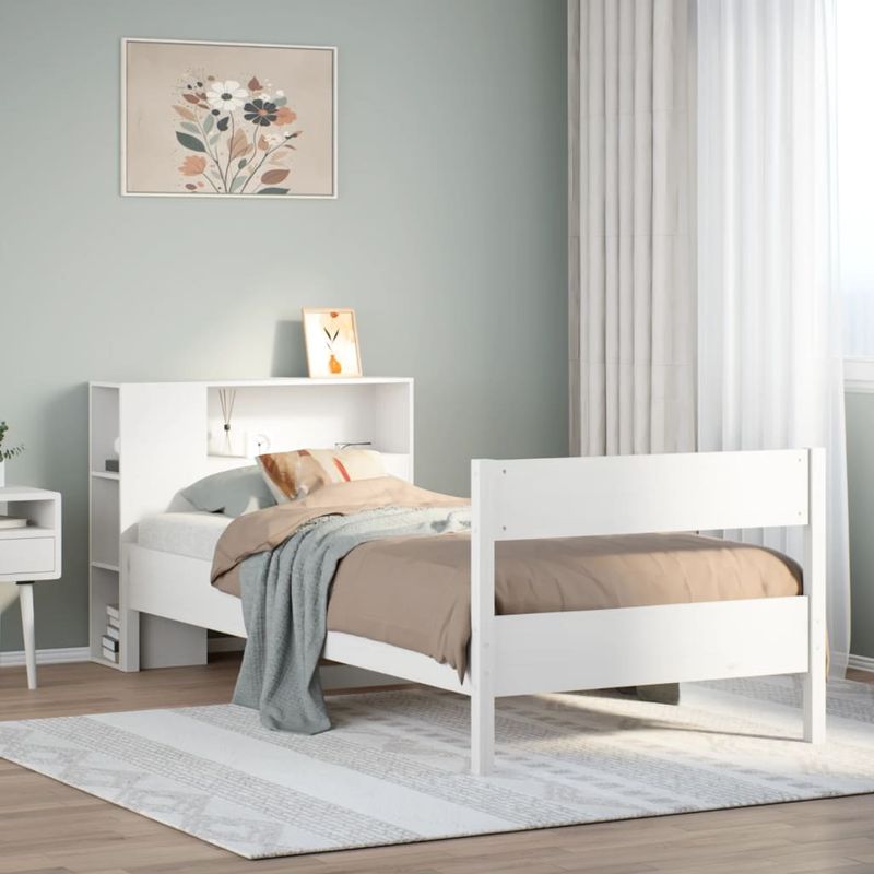 Casa si Gradina - Mobilier - Paturi si accesorii - Paturi - Pat cu biblioteca fara saltea, alb, 75x190 cm, lemn masiv pin - Infinity.ro