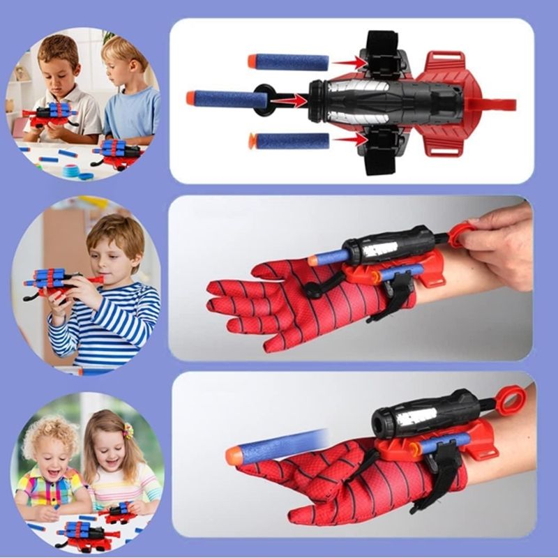 Jucarii, Copii si Bebe - Jucarii si jocuri - Jucarii de rol - Masti si costume copii - Set costum Spiderman cu muschi si manusa lansator cu 7 ventuze din burete , IdeallStore®, marime S, 3 - 5 ani, rosu - Infinity.ro