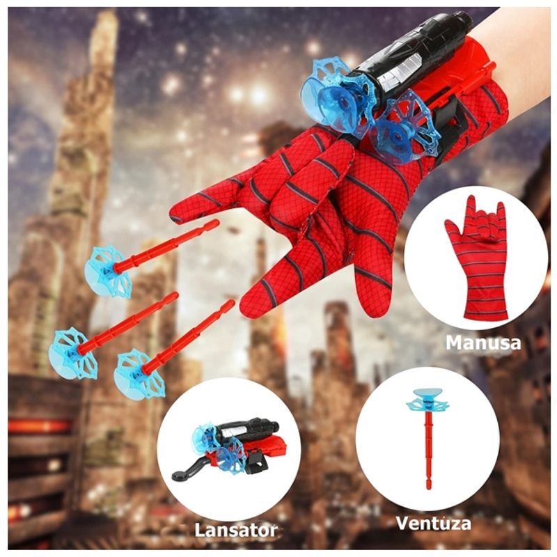 Jucarii, Copii si Bebe - Jucarii si jocuri - Jucarii de rol - Masti si costume copii - Set costum Spiderman cu muschi si manusa cu ventuze si figurina, IdeallStore®, marime M, 5-7 ani, rosu - Infinity.ro