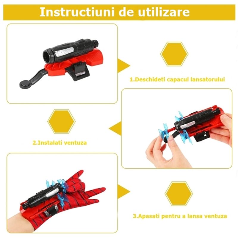 Jucarii, Copii si Bebe - Jucarii si jocuri - Jucarii de rol - Masti si costume copii - Set costum Spiderman cu muschi si manusa cu ventuze si figurina, IdeallStore®, marime M, 5-7 ani, rosu - Infinity.ro