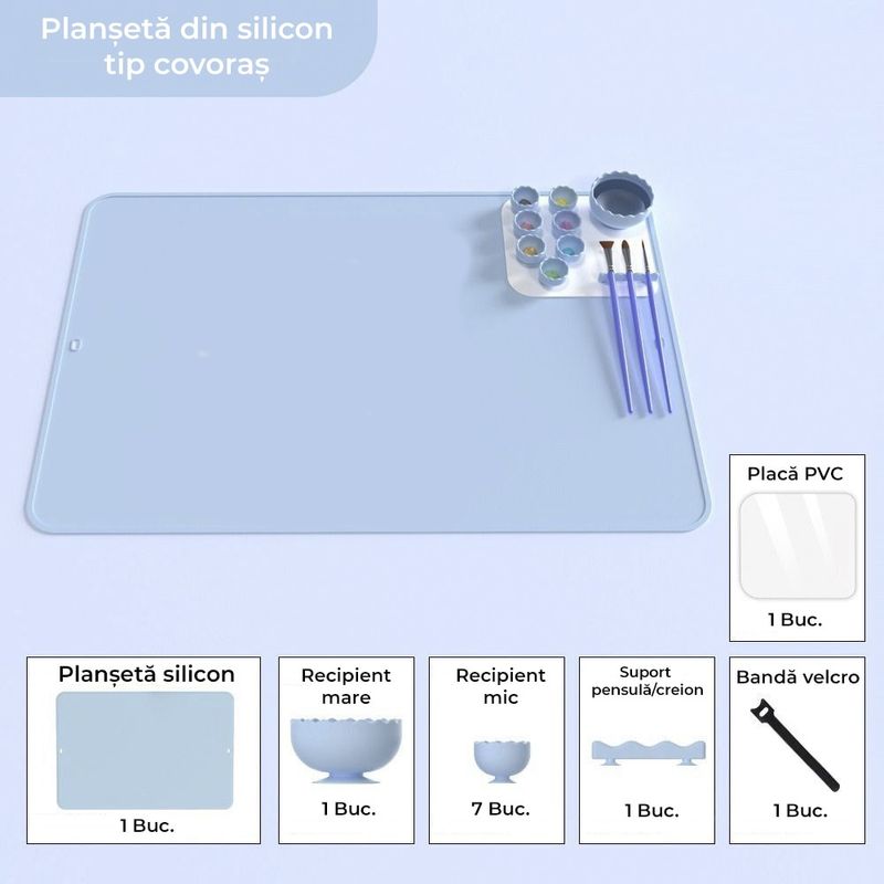 Carti si Birotica - Rechizite - Pictura si desen - Pensule si accesorii pictura - Covoras pictura tip planseta, cu 8 recipiente si suport pentru fixare, silicon, 39,5x29, 5 cm, multifunctional, albastru - Infinity.ro