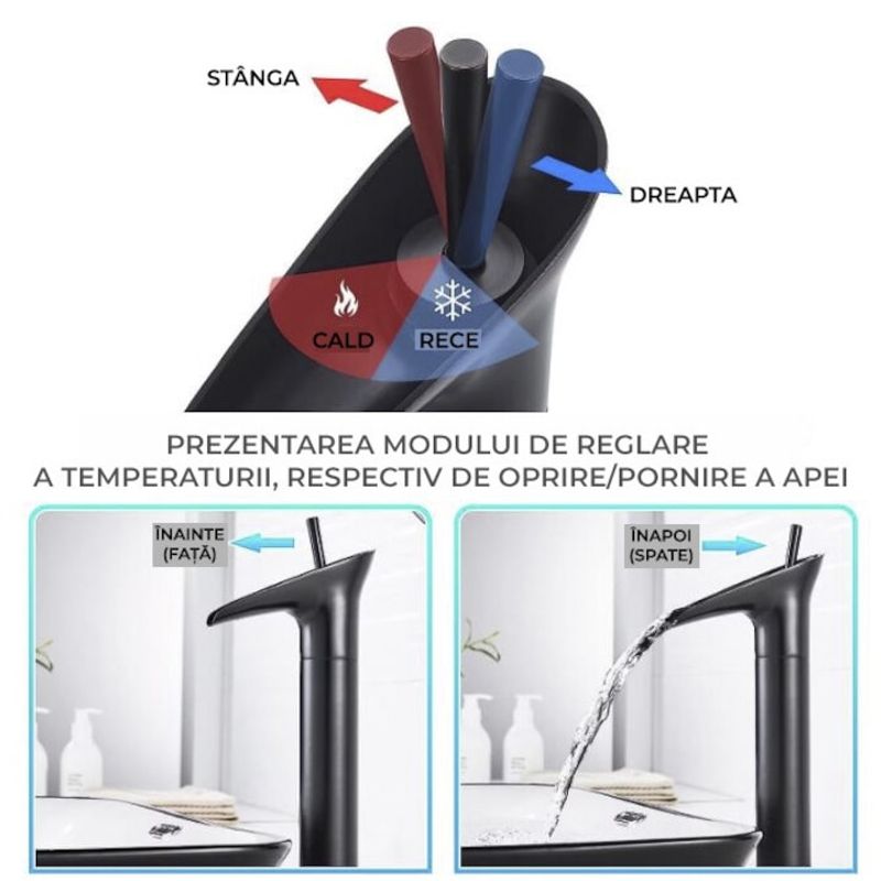 Casa si Gradina - Sanitare - Lavoar baie si accesorii - Baterii sanitare - Baterie sanitara pentru lavoar, inalta, vintage, pentru chiuveta baie, cartus ceramic, negru mat, montare pe blat - Infinity.ro