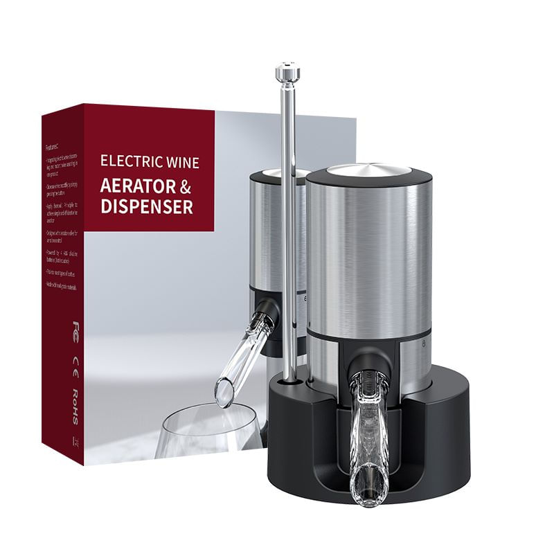 Decantor cu aerator electric, baza suport, usor de utilizat si depozitat, elegant, tub metalic retractabil, baterii AAA