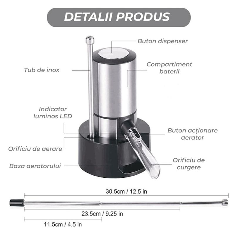 Casa si Gradina - Bucatarie si vesela - Accesorii bar - Carafe si decantoare - Decantor cu aerator electric, baza suport, usor de utilizat si depozitat, elegant, tub metalic retractabil, baterii AAA - Infinity.ro