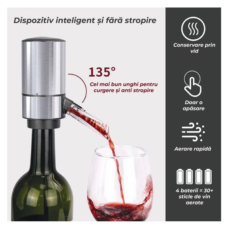 Casa si Gradina - Bucatarie si vesela - Accesorii bar - Carafe si decantoare - Decantor cu aerator electric, baza suport, usor de utilizat si depozitat, elegant, tub metalic retractabil, baterii AAA - Infinity.ro