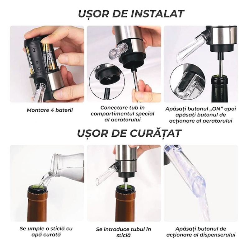 Casa si Gradina - Bucatarie si vesela - Accesorii bar - Carafe si decantoare - Decantor cu aerator electric, baza suport, usor de utilizat si depozitat, elegant, tub metalic retractabil, baterii AAA - Infinity.ro