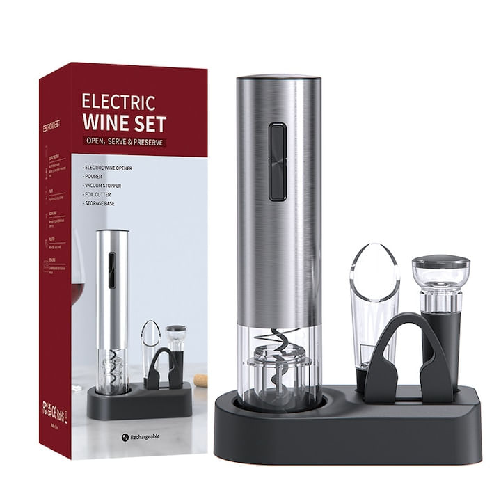 Set Tirbuson Electric Premium, 4in1, taietor de folie, dop de vid, aerator, baza suport, incarcare USB, multifunctional