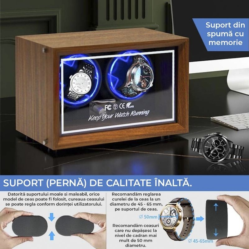 Fashion, accesorii si bijuterii - Barbati - Bijuterii barbati - Ceasuri barbati - Cutie intors ceasuri automatice, 2 compartimente, lumini LED, design modern si elegant, 5 moduri, 4 programe de rotatie - Infinity.ro