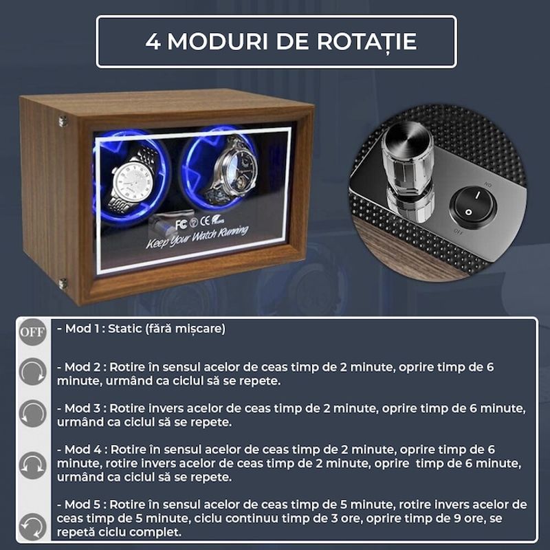 Fashion, accesorii si bijuterii - Barbati - Bijuterii barbati - Ceasuri barbati - Cutie intors ceasuri automatice, 2 compartimente, lumini LED, design modern si elegant, 5 moduri, 4 programe de rotatie - Infinity.ro