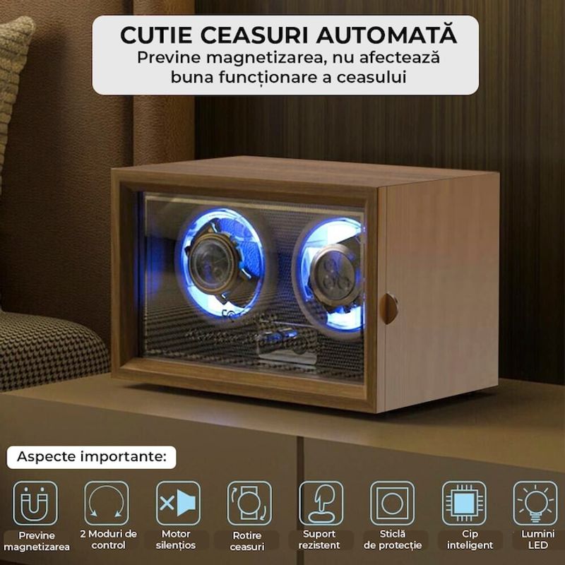 Fashion, accesorii si bijuterii - Barbati - Bijuterii barbati - Ceasuri barbati - Cutie intors ceasuri automatice, 2 compartimente, lumini LED, design modern si elegant, 5 moduri, 4 programe de rotatie - Infinity.ro
