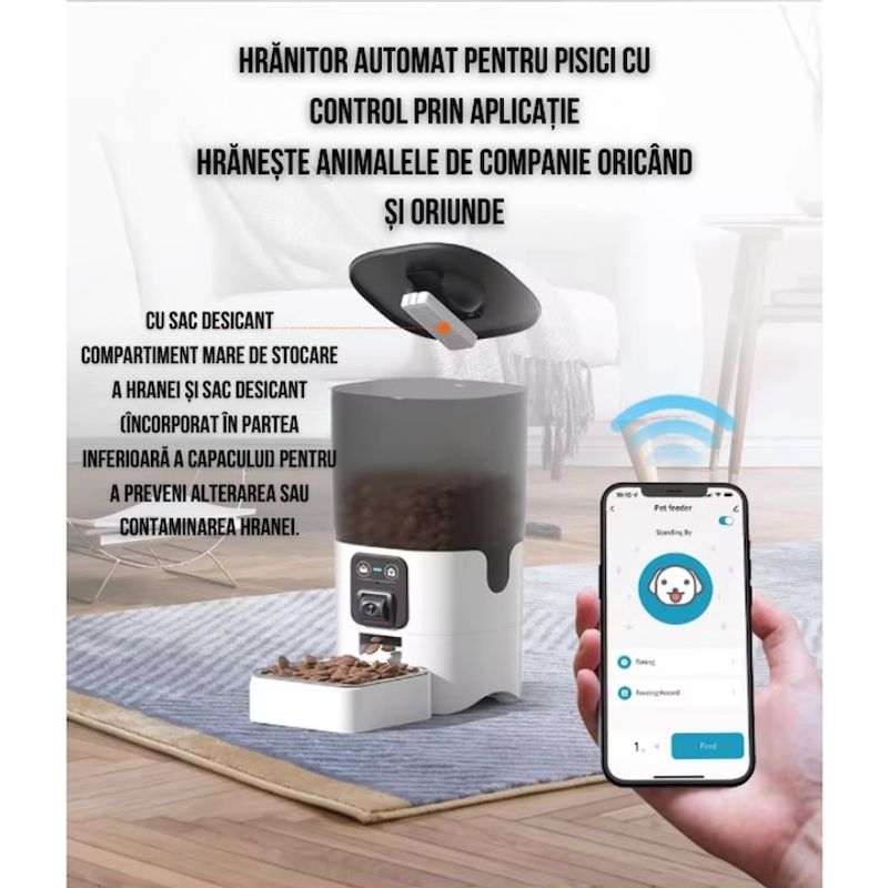Petshop - Accesorii petshop - Castroane si adapatori - Hranitor automat pentru caini si pisici, Camera Full HD, 6L,Functie de setare mese, Aplicatie pentru telefon - Infinity.ro