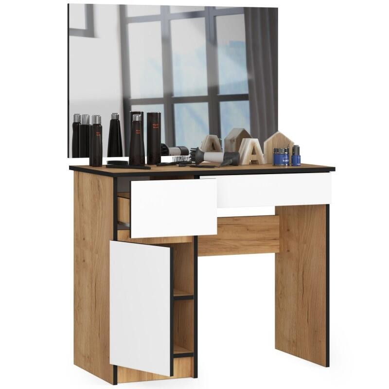 Casa si Gradina - Mobilier - Comode si corpuri - Masute de toaleta - Masa de toaleta/machiaj, 2 sertare stanga, cu oglinda, dulap, alb si stejar, 90x50x77/142 cm - Infinity.ro