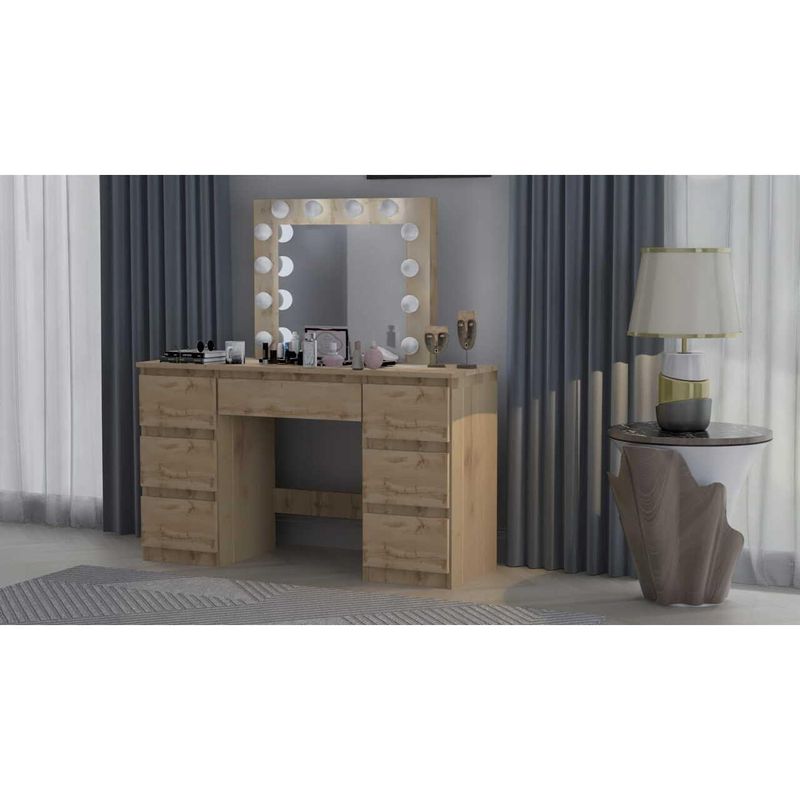 Casa si Gradina - Mobilier - Comode si corpuri - Masute de toaleta - Masa de toaleta/machiaj, Artool, Vanessa, stejar wotan, cu oglinda si LED-uri, 130x43x143 cm - Infinity.ro