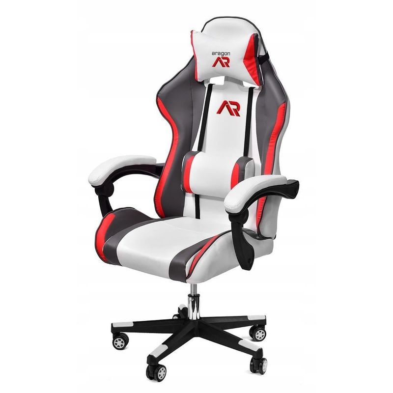 PC, gaming si accesorii - Gaming - Accesorii gaming - Scaune gaming - Scaun de gaming, cu perna lombara, alb, gri si rosu, 65x67x112 cm + mousepad cadou, Aragon - Infinity.ro